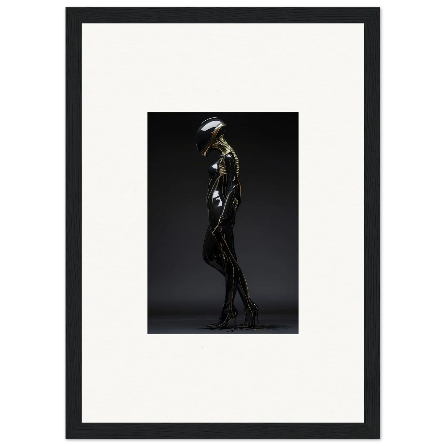 Metallic humanoid figure with elongated head for modern room decor and framed wall art
