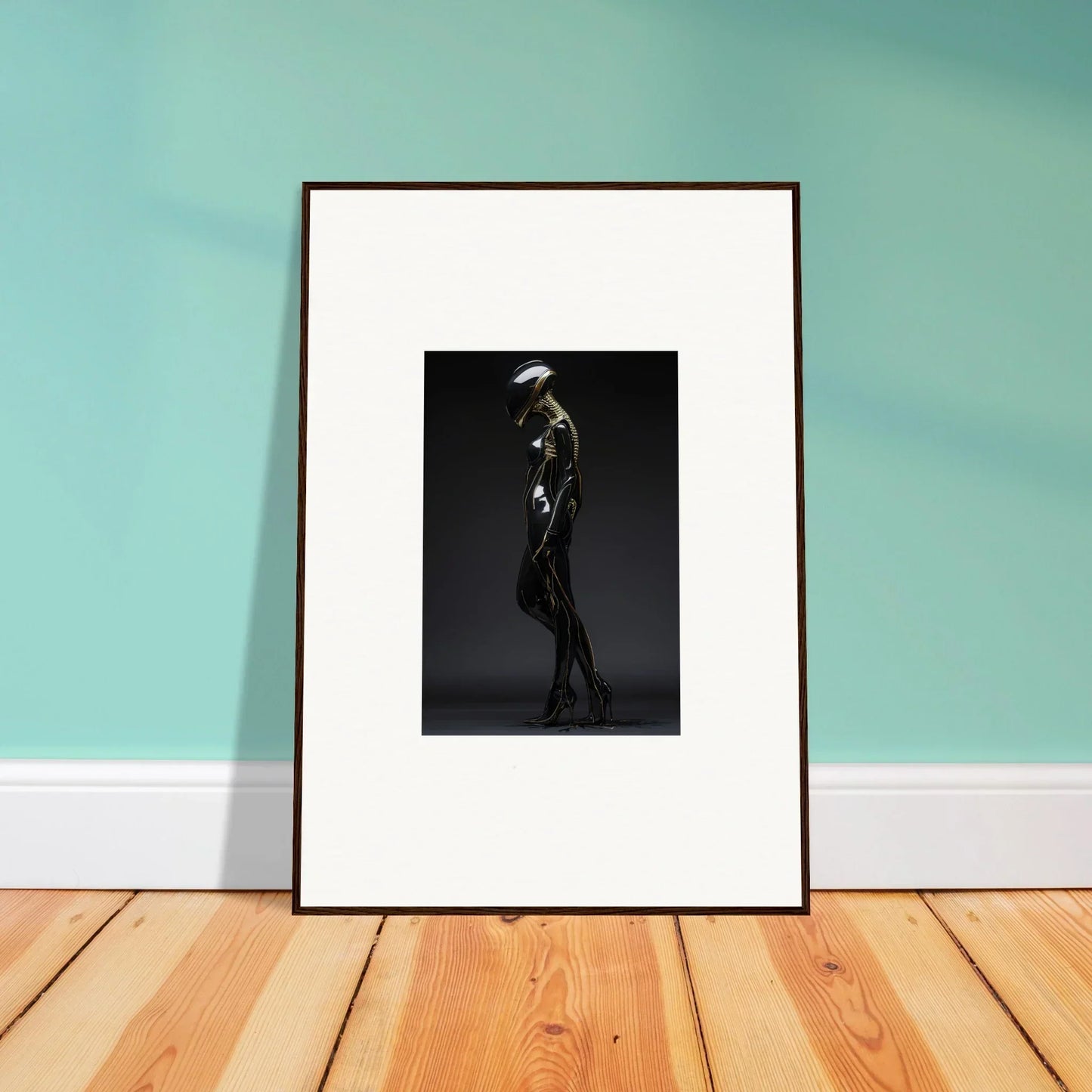 Framed black and white wall art featuring a stylized figure for elegant room decor