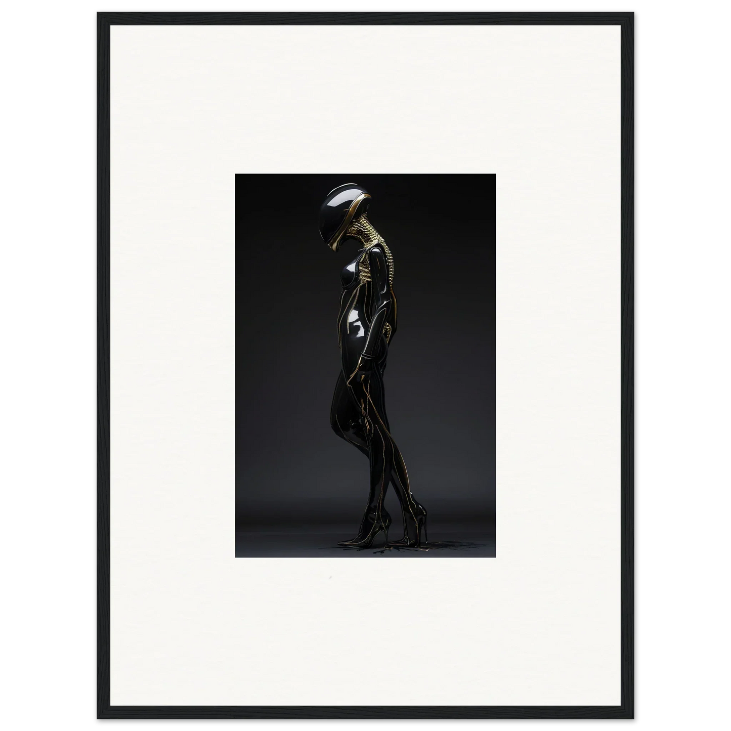 Futuristic humanoid figure in metallic bodysuit for modern room decor and framed wall art