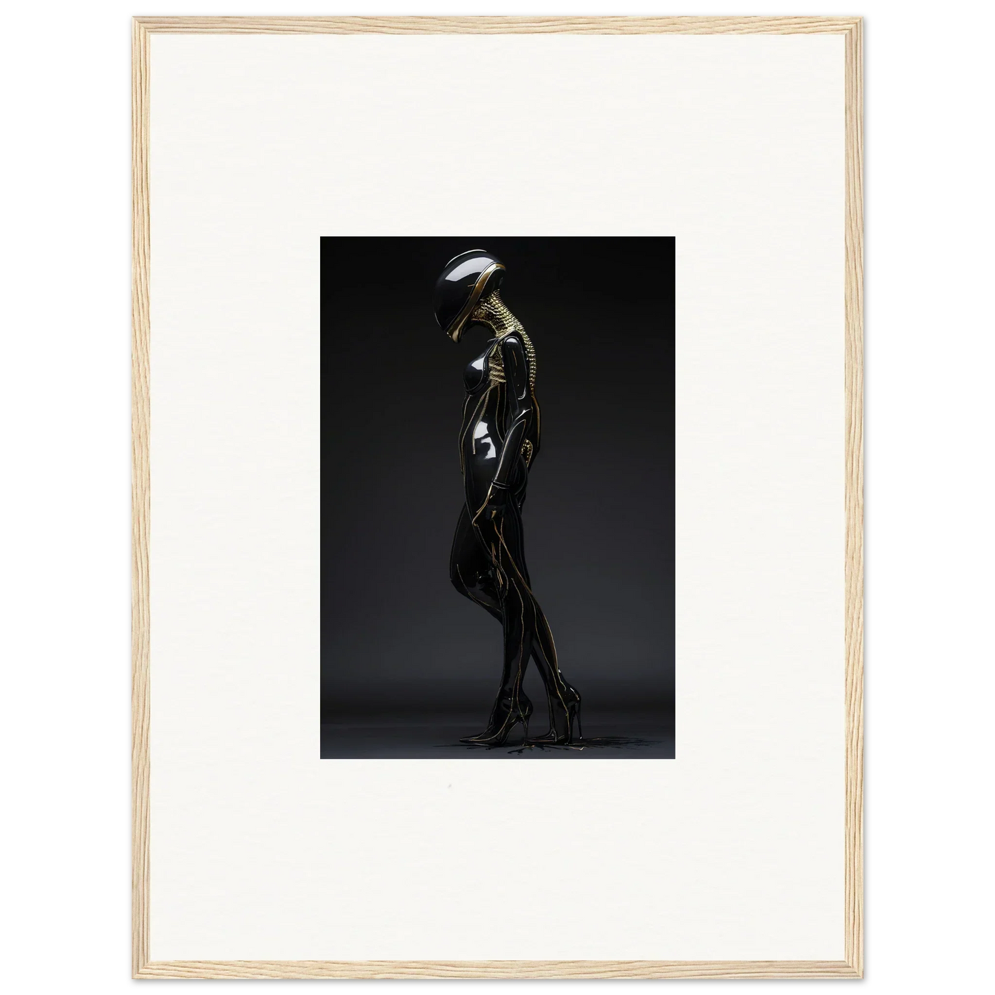 Futuristic humanoid in metallic bodysuit for room decor and framed wall art dimensions elegantly