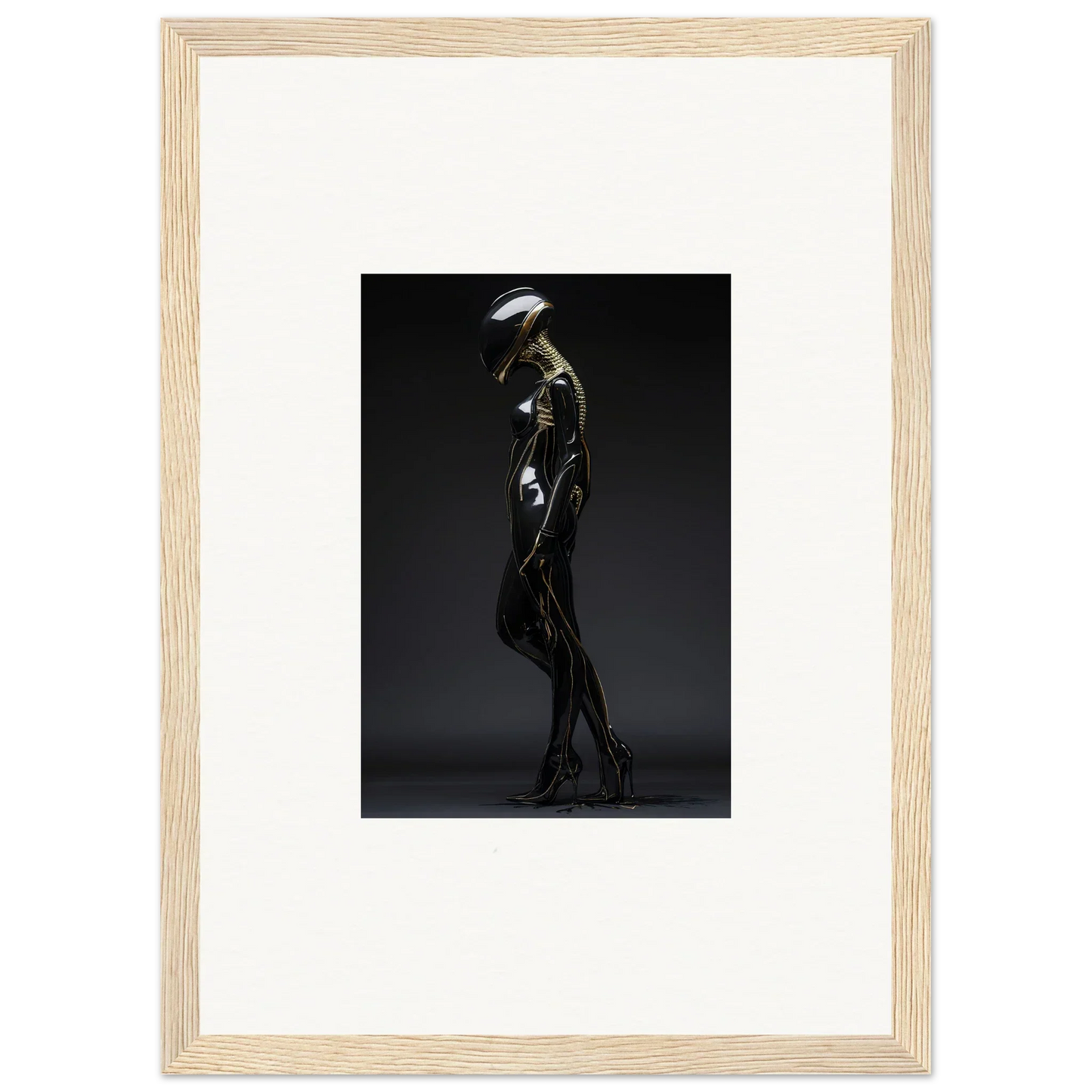 Skeletal figure in dark outfit with umbrella, perfect for room decor and framed wall art