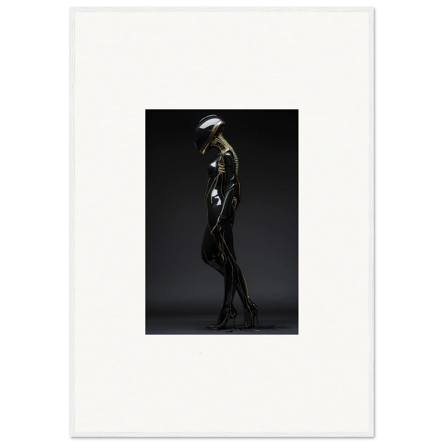 Sleek alien figure in black bodysuit for modern room decor and framed wall art