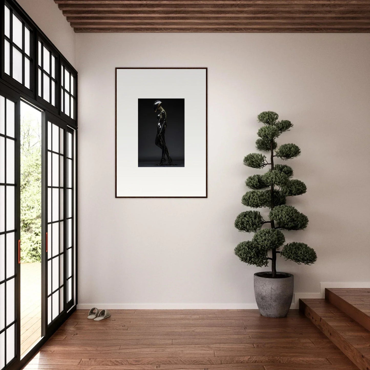 Framed black and white wall art of a figure, perfect for elegant room decor dimensions