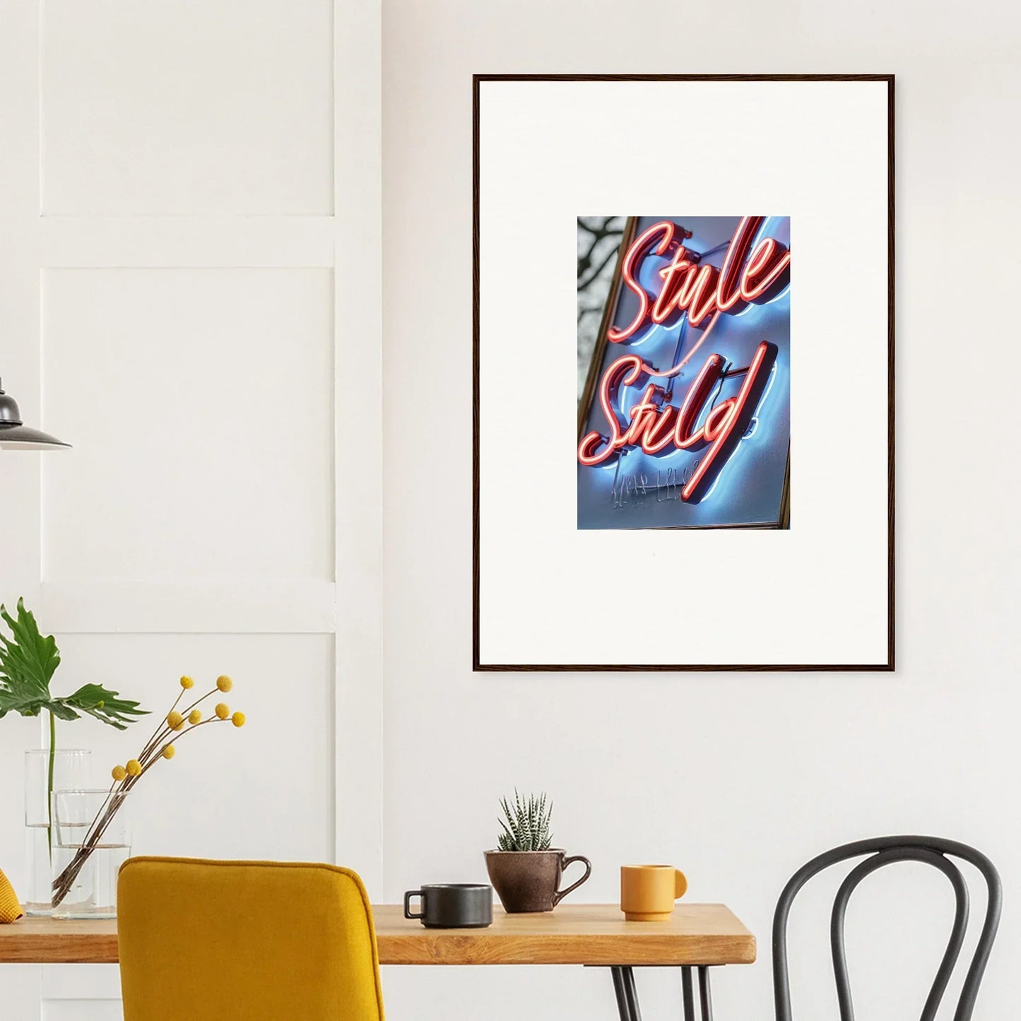 Framed canvas print with neon dive text Style Surf on a cool blue background