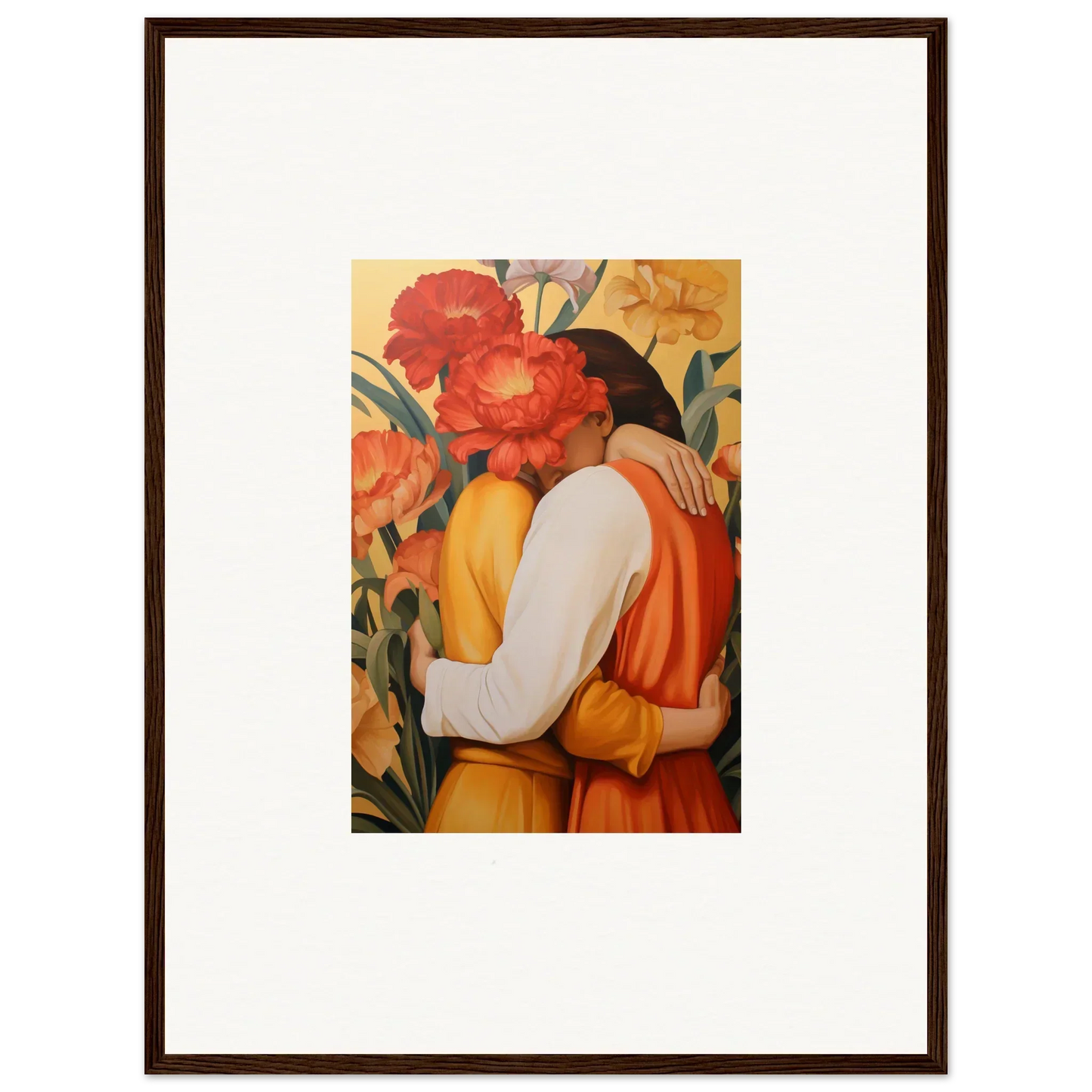 Framed canvas print of an embracing couple with vibrant flowers for intimate liquescence room decoration