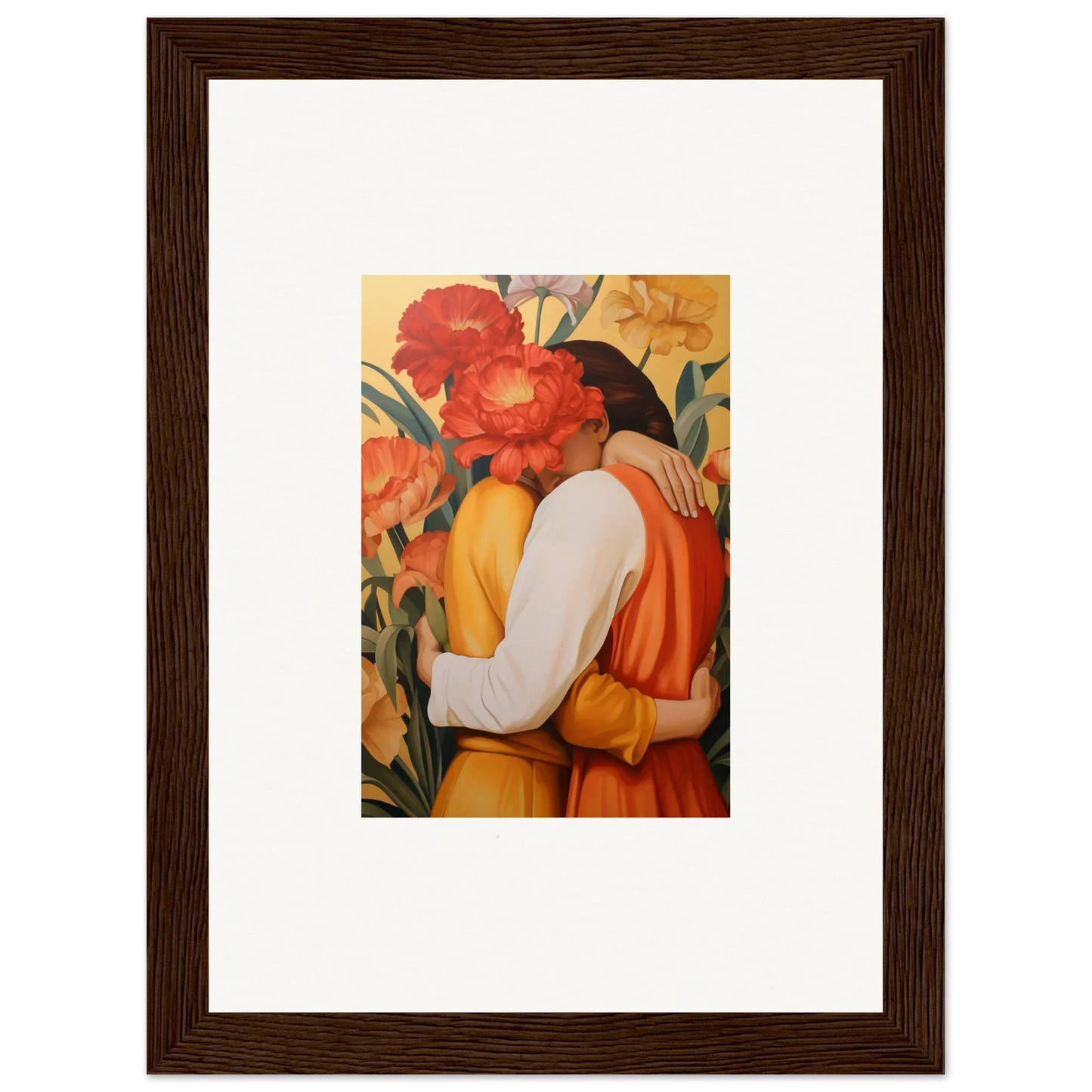 Framed canvas print of an embracing couple with vibrant flowers for intimate liquescence room decoration