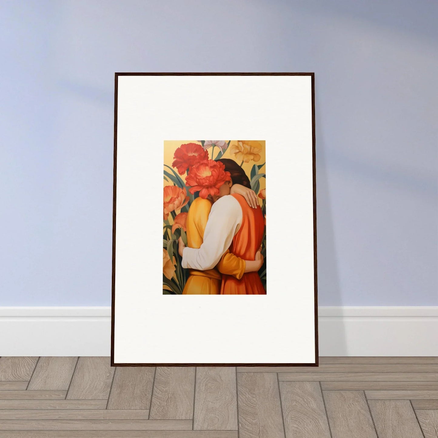 Framed canvas print of two figures embracing, heads as red apples for intimate liquescence