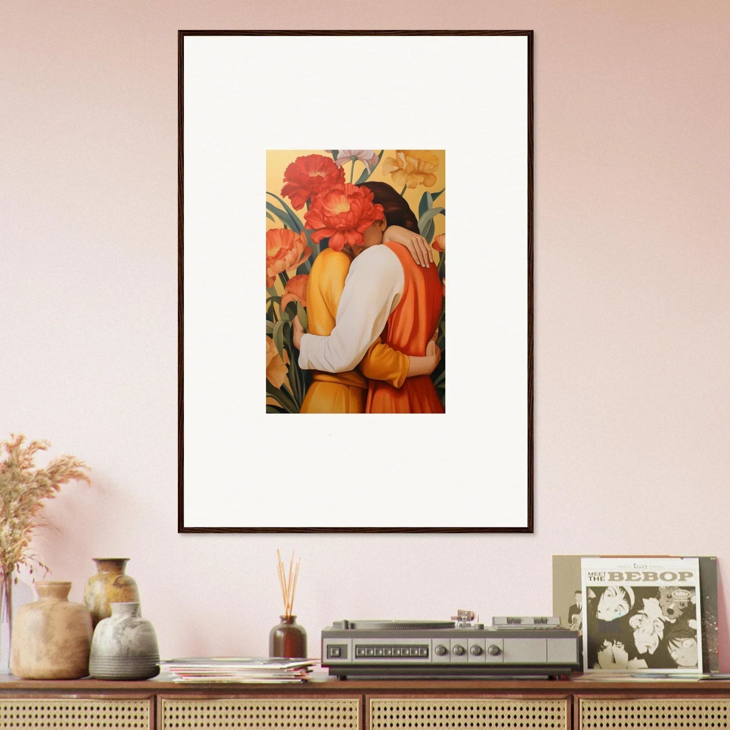 Framed canvas print of intimate liquescence with figures and vibrant red flowers