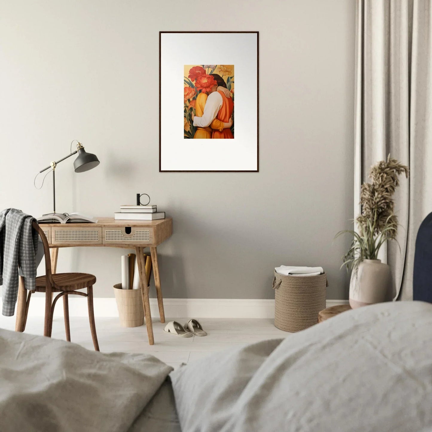 Framed colorful painting of a figure with flowers, perfect for intimate liquescence room decoration