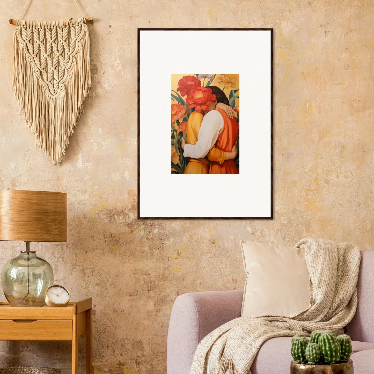 Framed canvas print of intimate liquescence with two figures embracing in warm tones