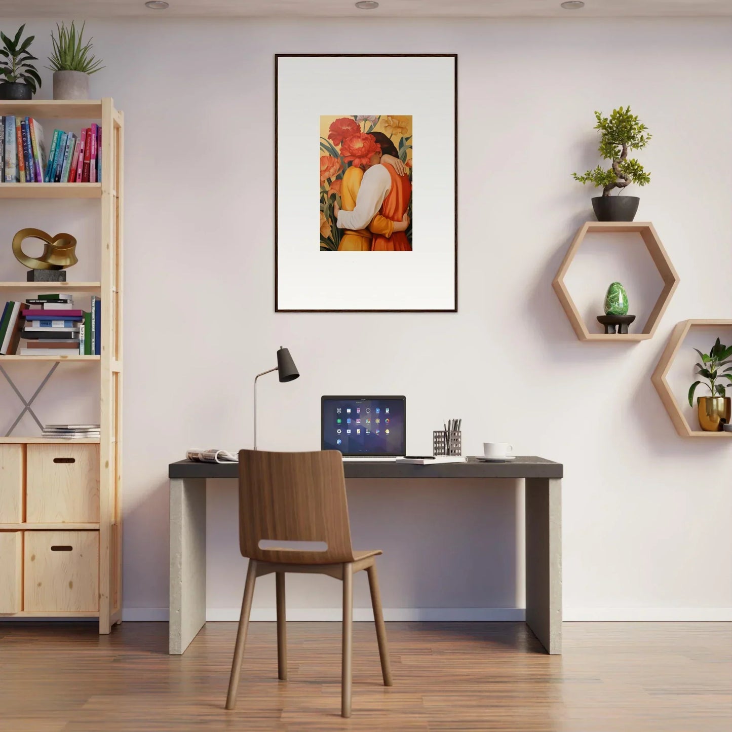 Home office with desk, chair, and decorative shelves featuring Intimate Liquescence canvas print
