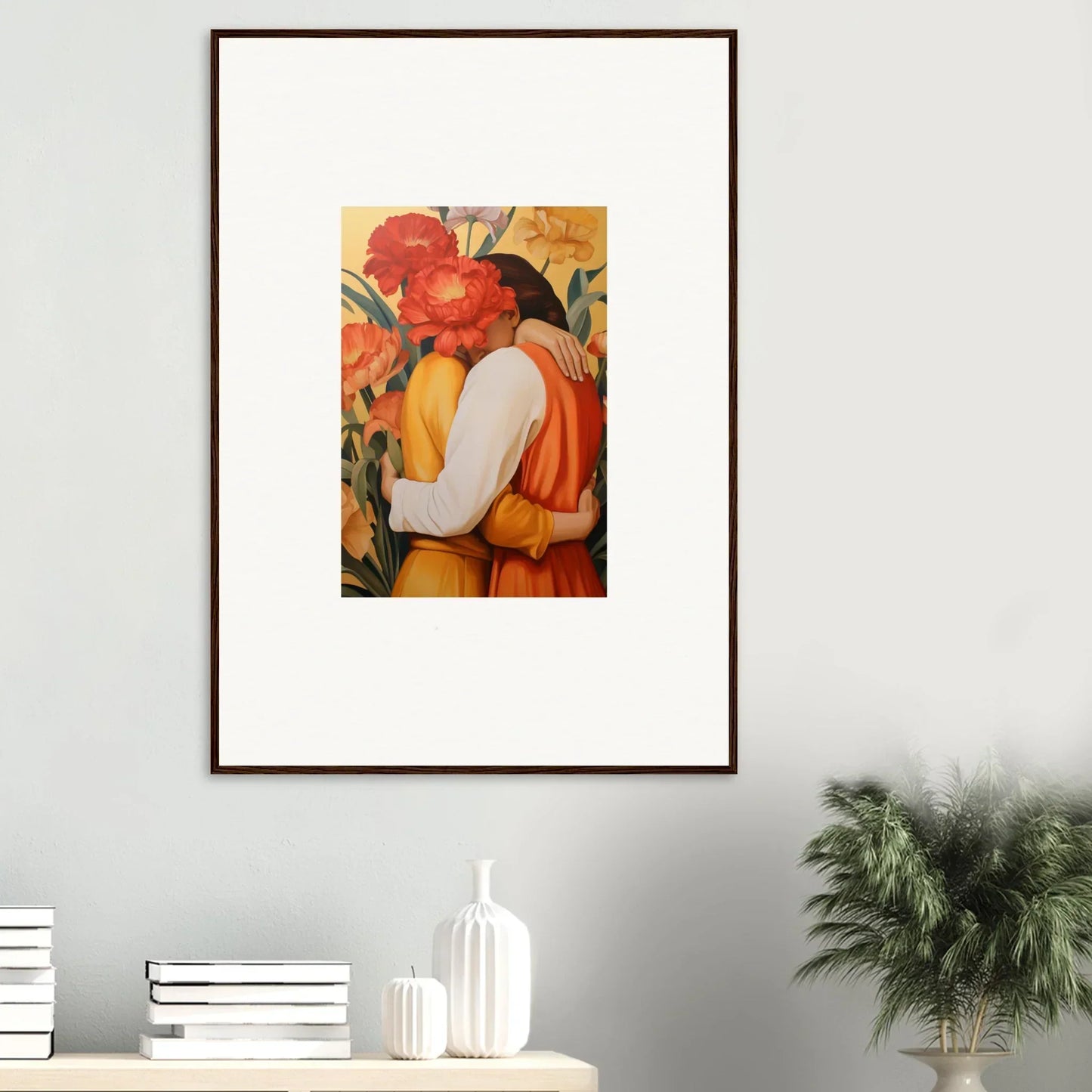 Framed canvas print of two figures with red flowers for vibrant room decoration