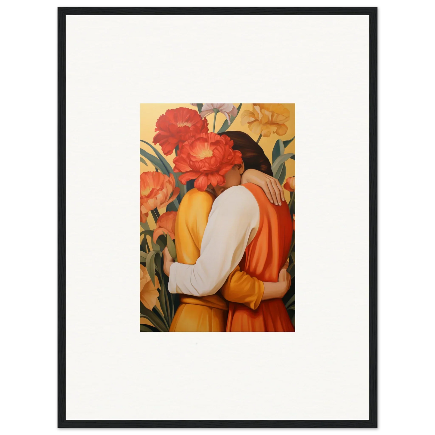 Framed canvas print of an embracing couple with flowers for intimate liquescence room decoration