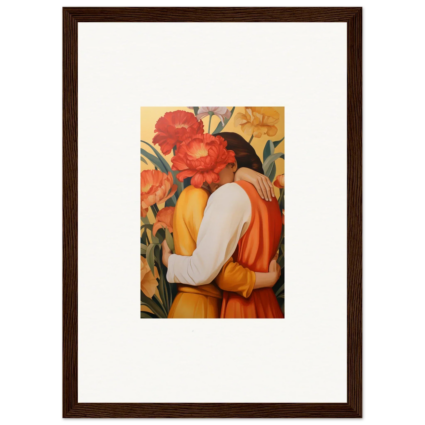 Framed canvas print of an embracing couple with vibrant red flowers for room decoration