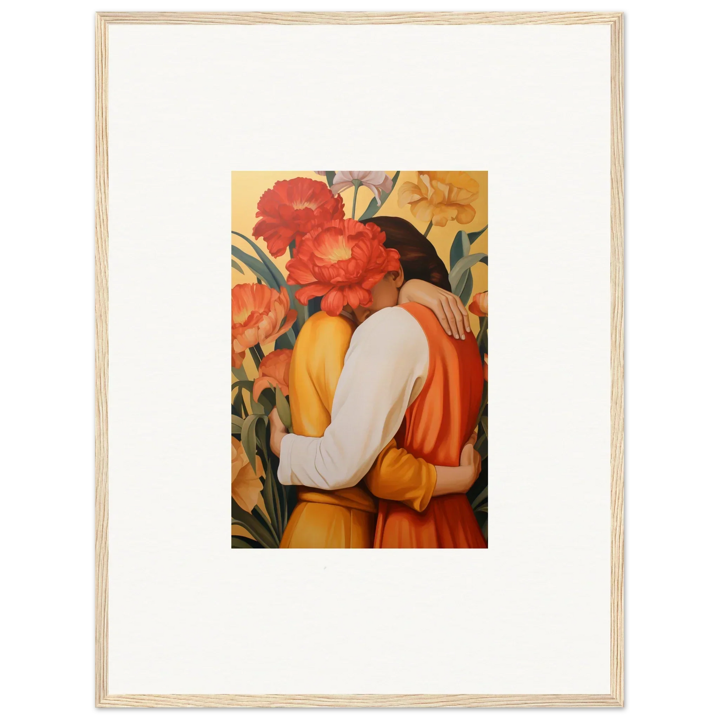 Framed canvas print of intimate liquescence with a couple and vibrant flowers for room decoration