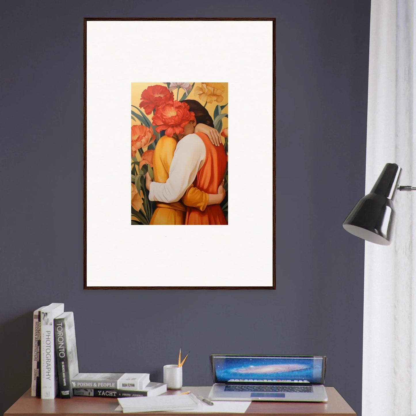 Framed canvas print of intimate liquescence with vibrant figures and flowers for room decoration