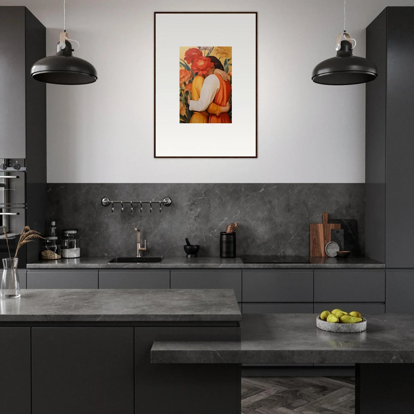 Modern kitchen with dark cabinets, gray countertops, and an intimate liquescence canvas print