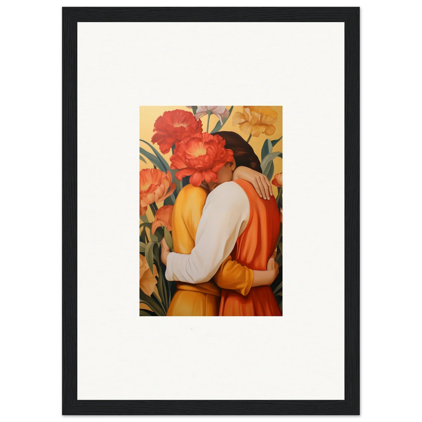 Framed canvas print of an embracing couple in vibrant flowers, perfect for intimate liquescence room decoration