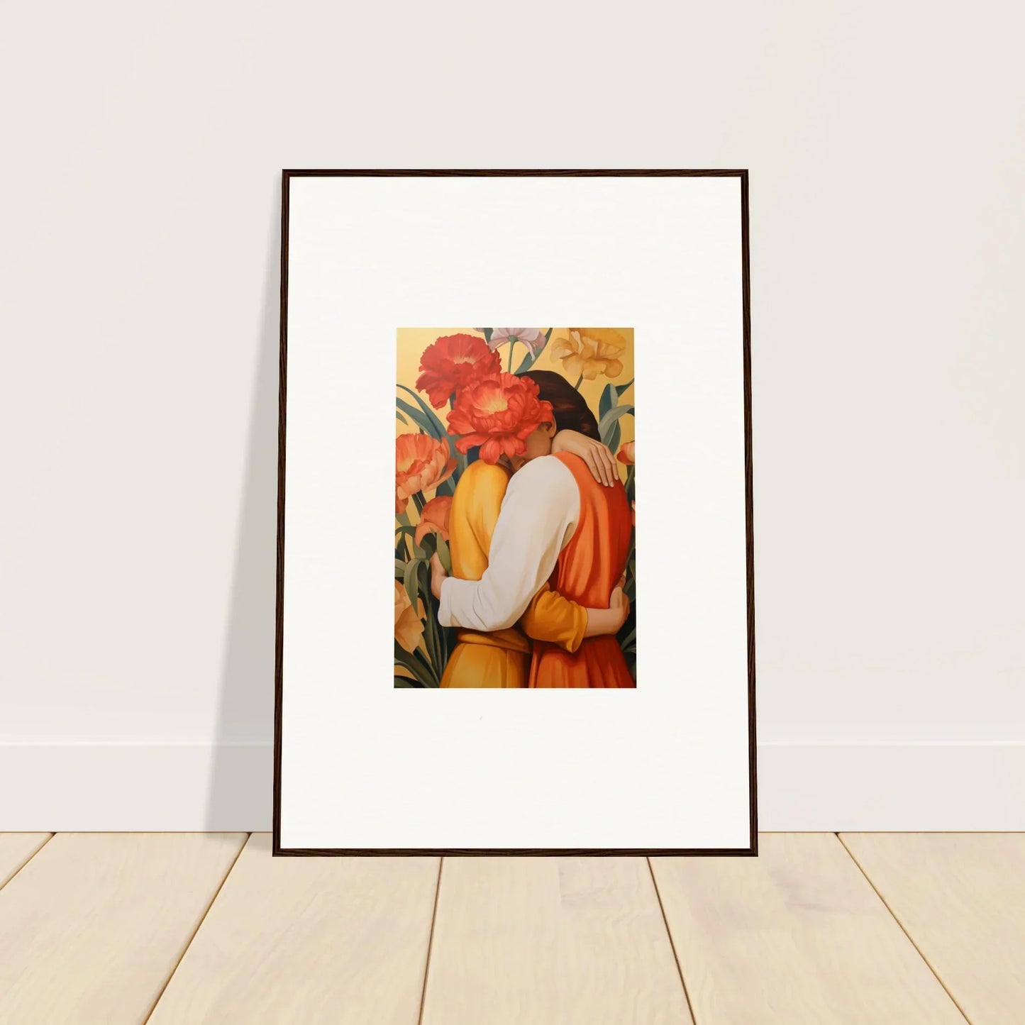 Framed canvas print of intimate liquescence with embracing figures in warm colors