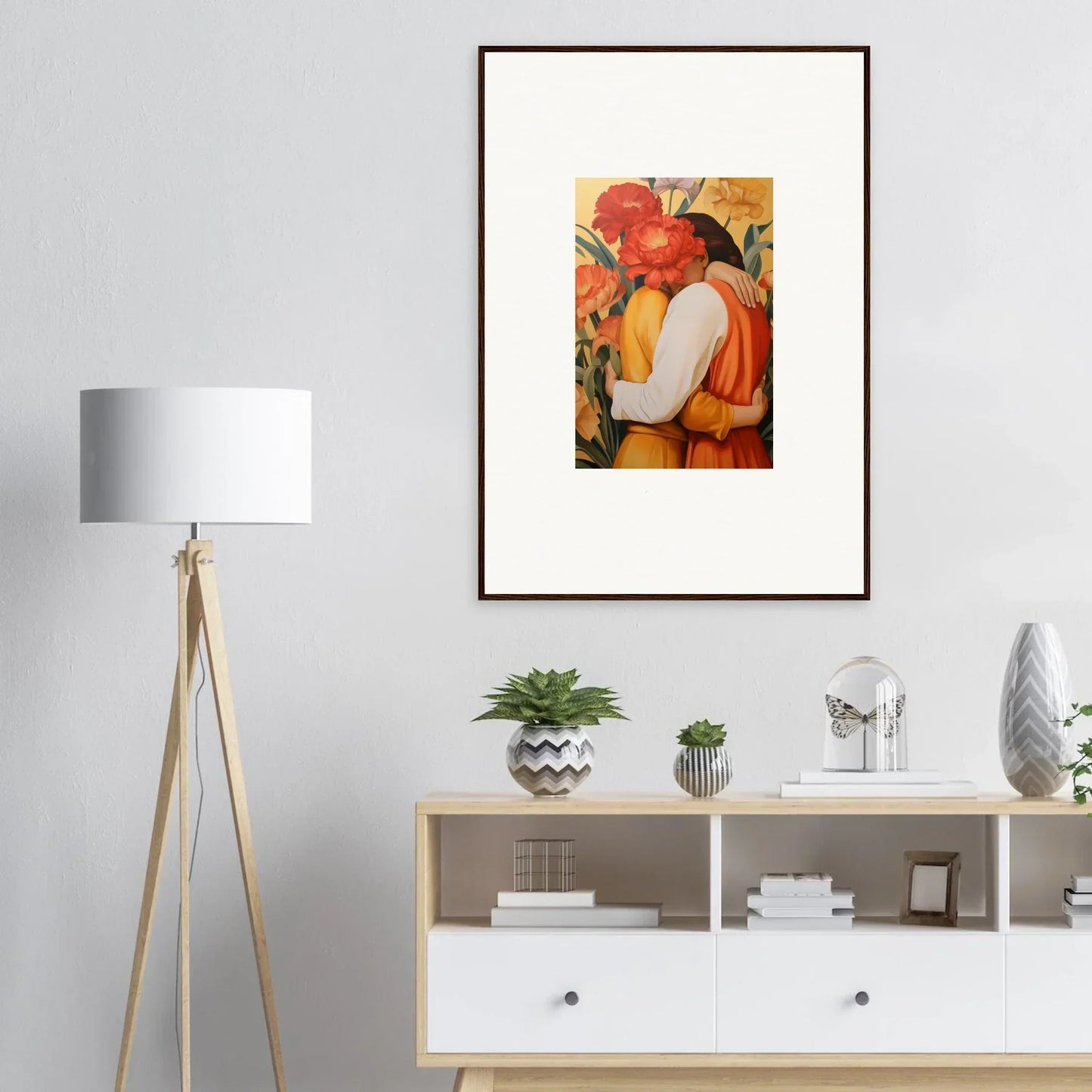 Framed canvas print of intimate liquescence with two figures embracing on an orange backdrop