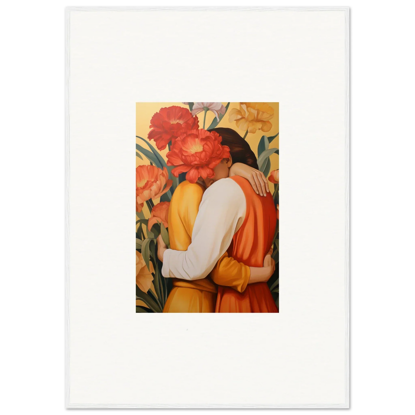 Vibrant canvas print of intimate liquescence with embracing figures and flowers