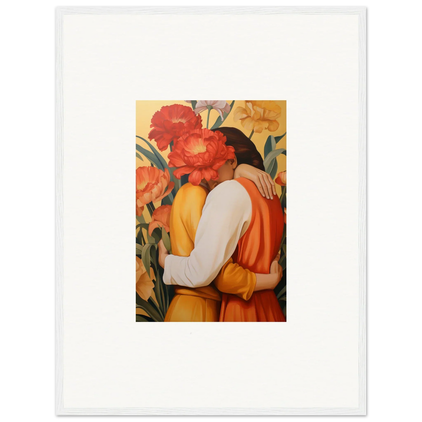 Framed canvas print of an embracing couple in vibrant flowers for intimate liquescence room decoration