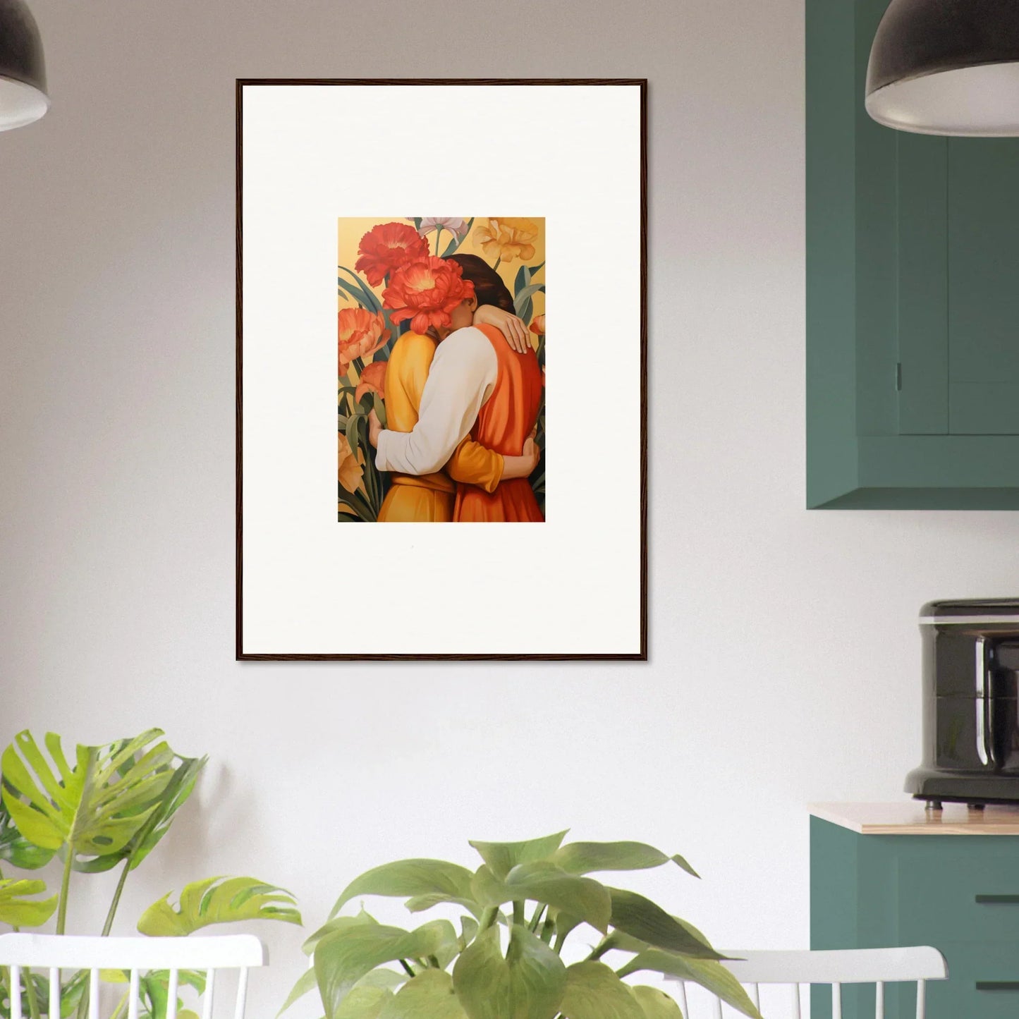 Framed canvas print of intimate liquescence with two figures embracing in floral art
