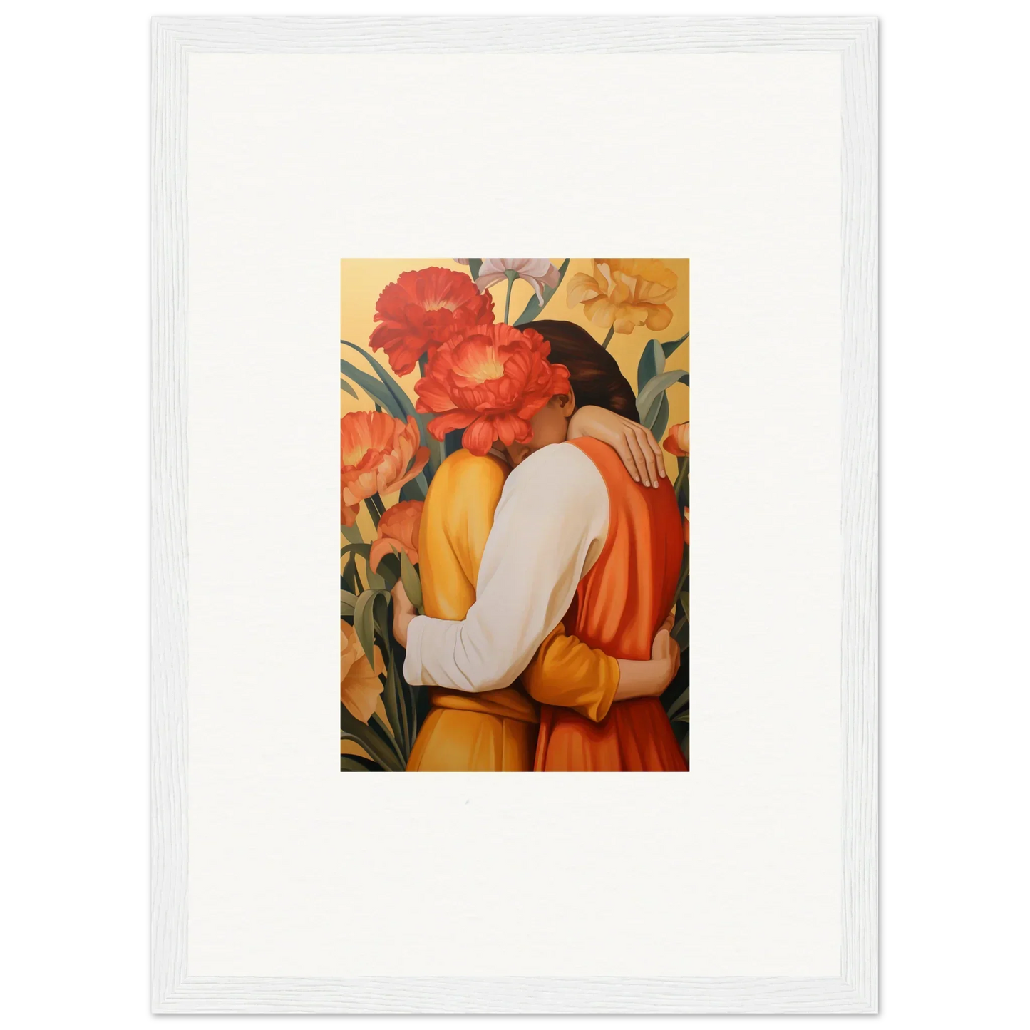 Framed canvas print of an embracing couple with red flowers for intimate liquescence room decoration