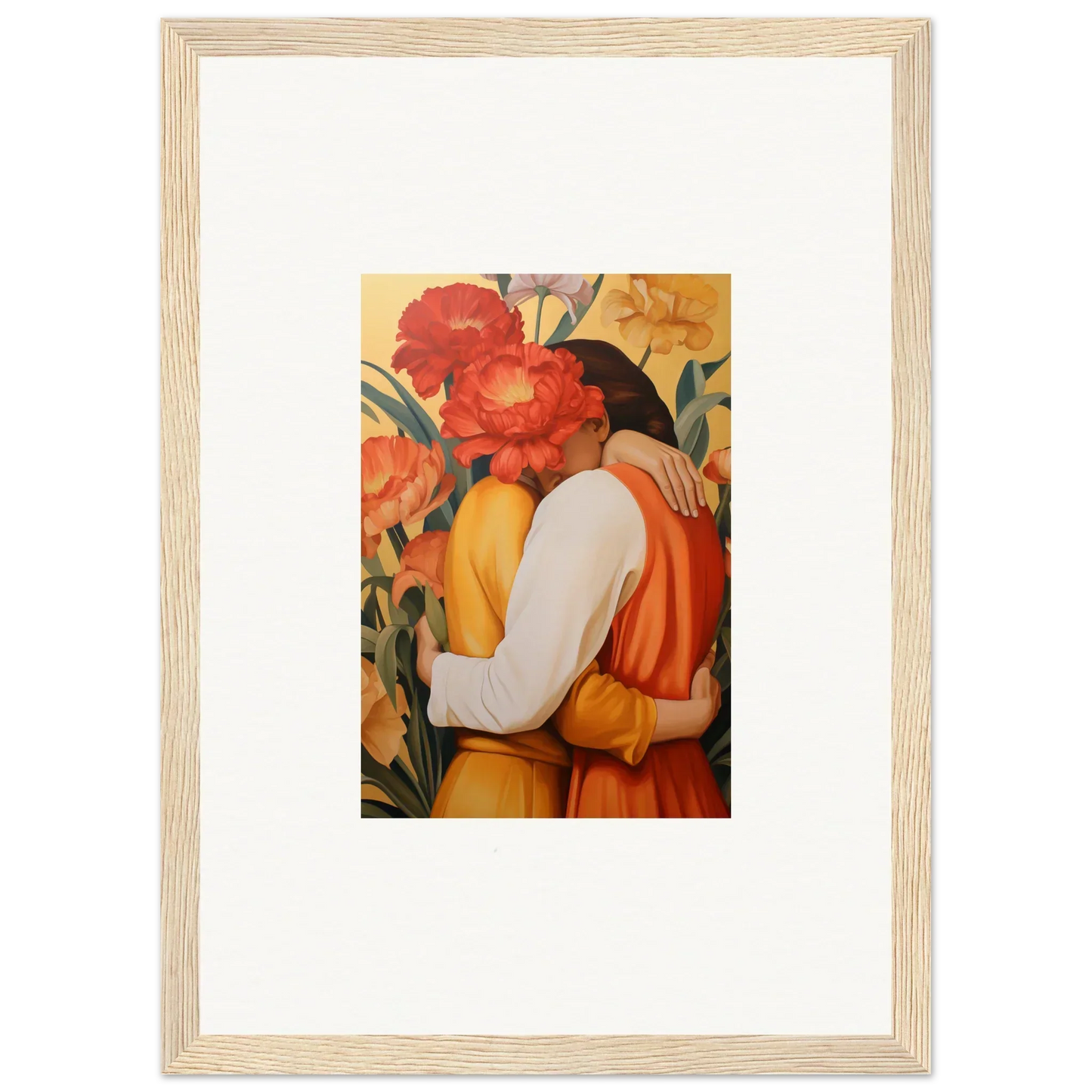 Framed canvas print of an embracing couple in colorful intimate liquescence for room decoration