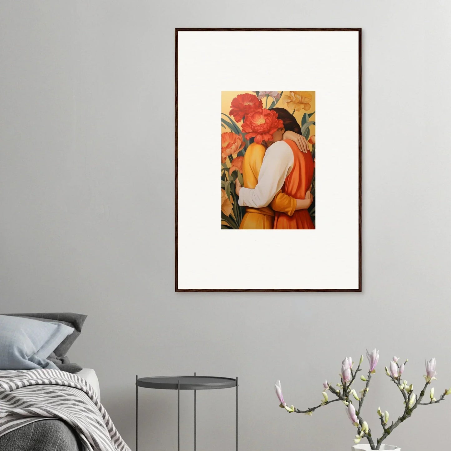 Framed canvas print of intimate liquescence featuring two figures and floral vibes