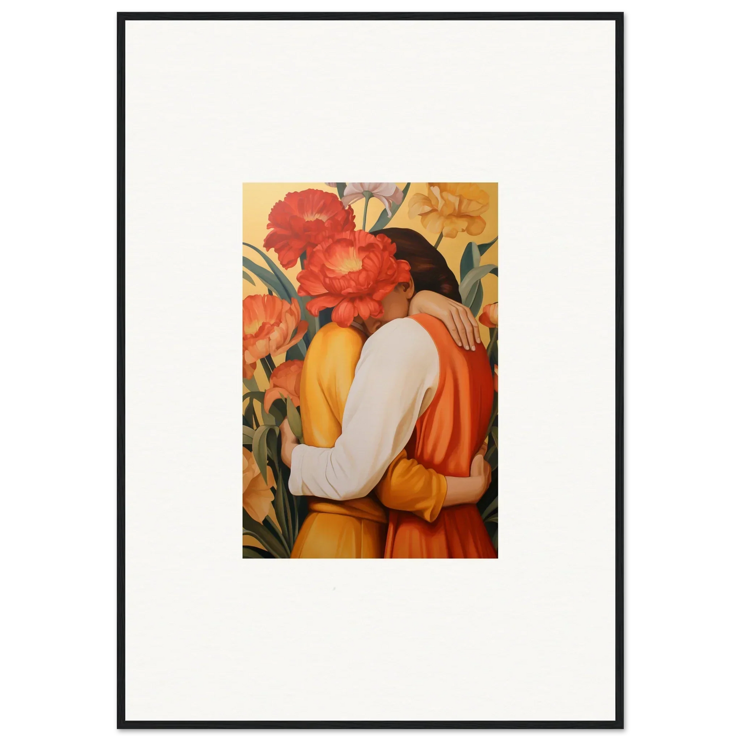 Framed canvas print of an embracing couple in vibrant flowers for room decoration