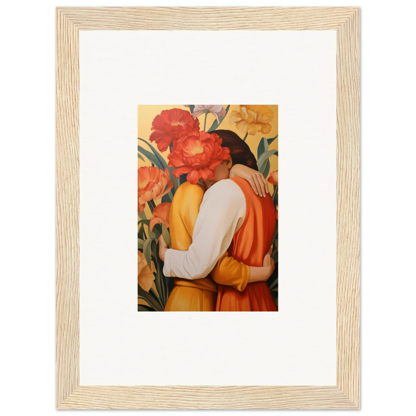 Framed canvas print of an embracing couple in colorful intimate liquescence for room decoration
