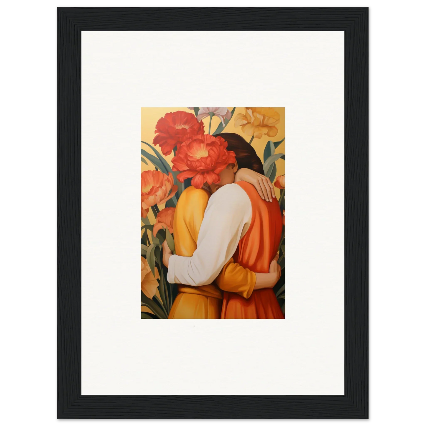 Framed canvas print of an embracing couple in vibrant flowers for room decoration