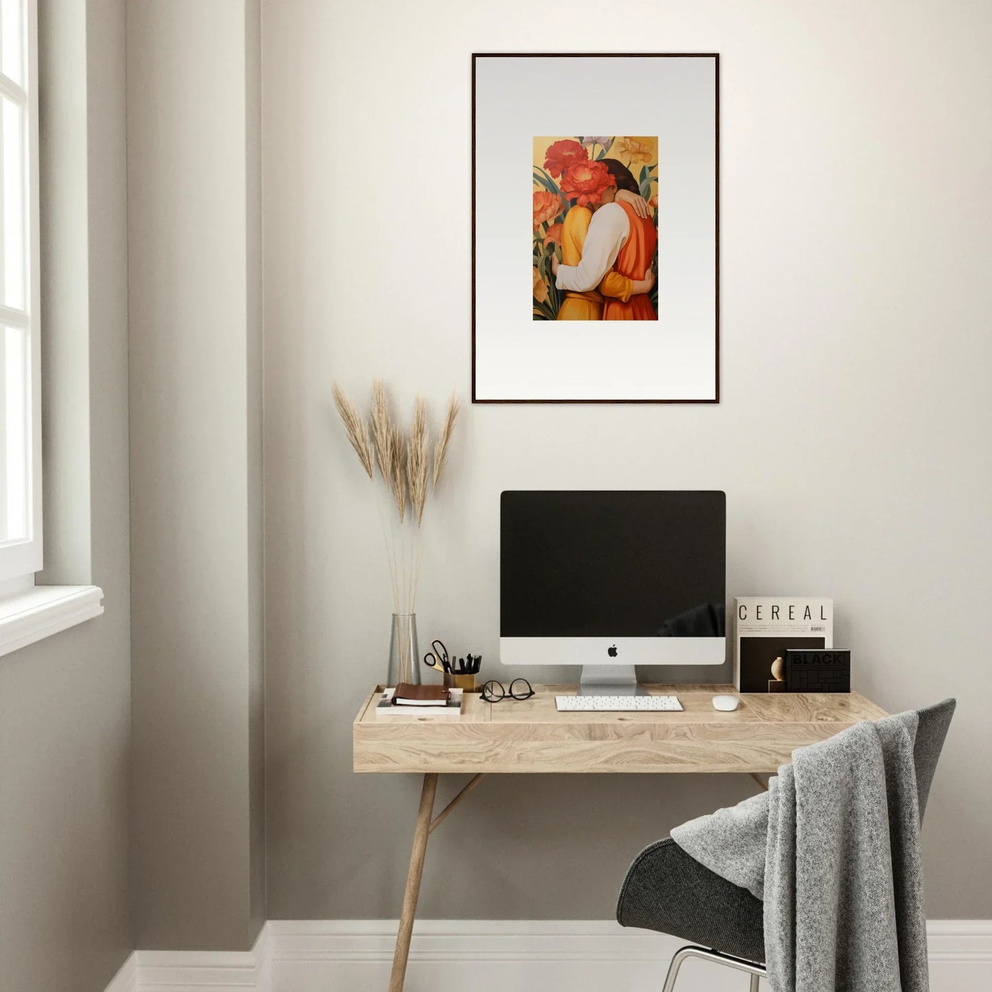 Minimalist home office with wooden desk, computer, and intimate liquescence canvas print