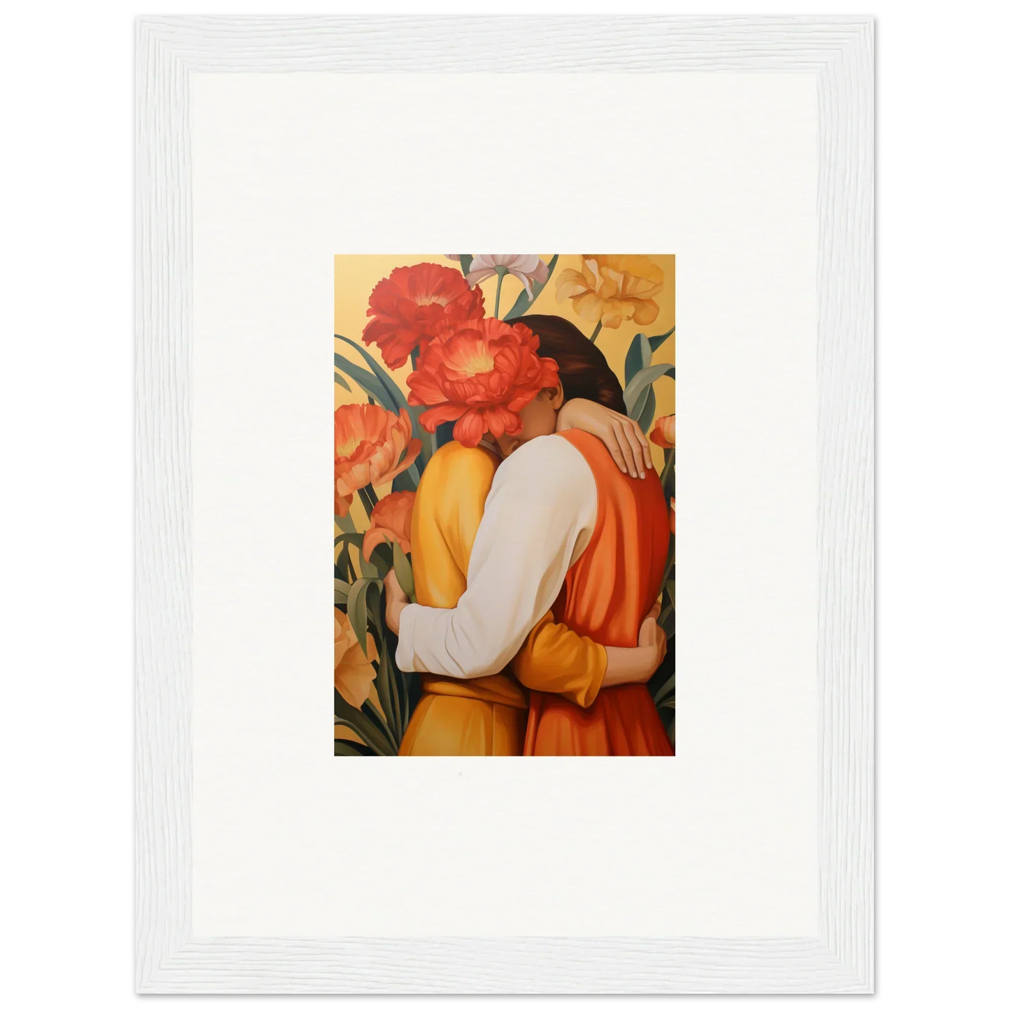 Framed canvas print of an intimate liquescence couple among vibrant flowers for room decoration