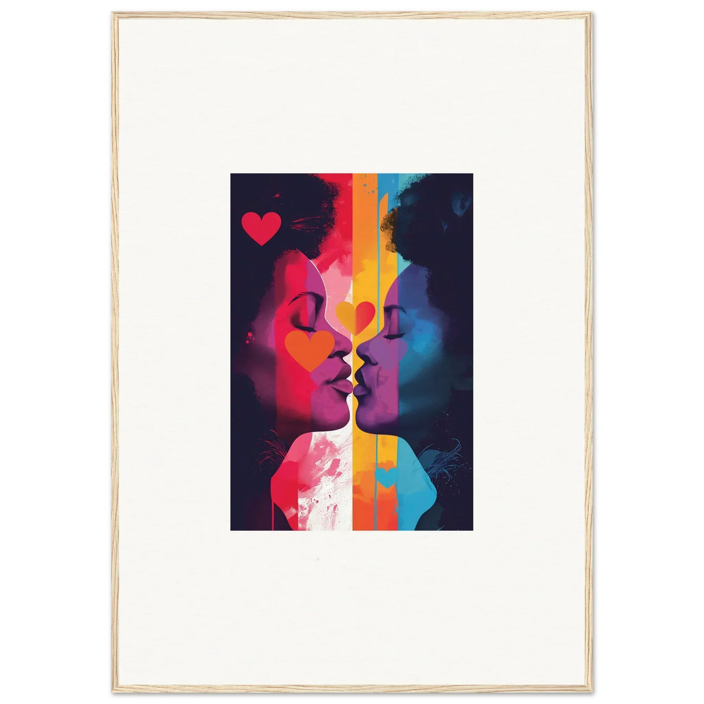 Colorful abstract canvas print of two silhouettes in realms embrace for room decoration