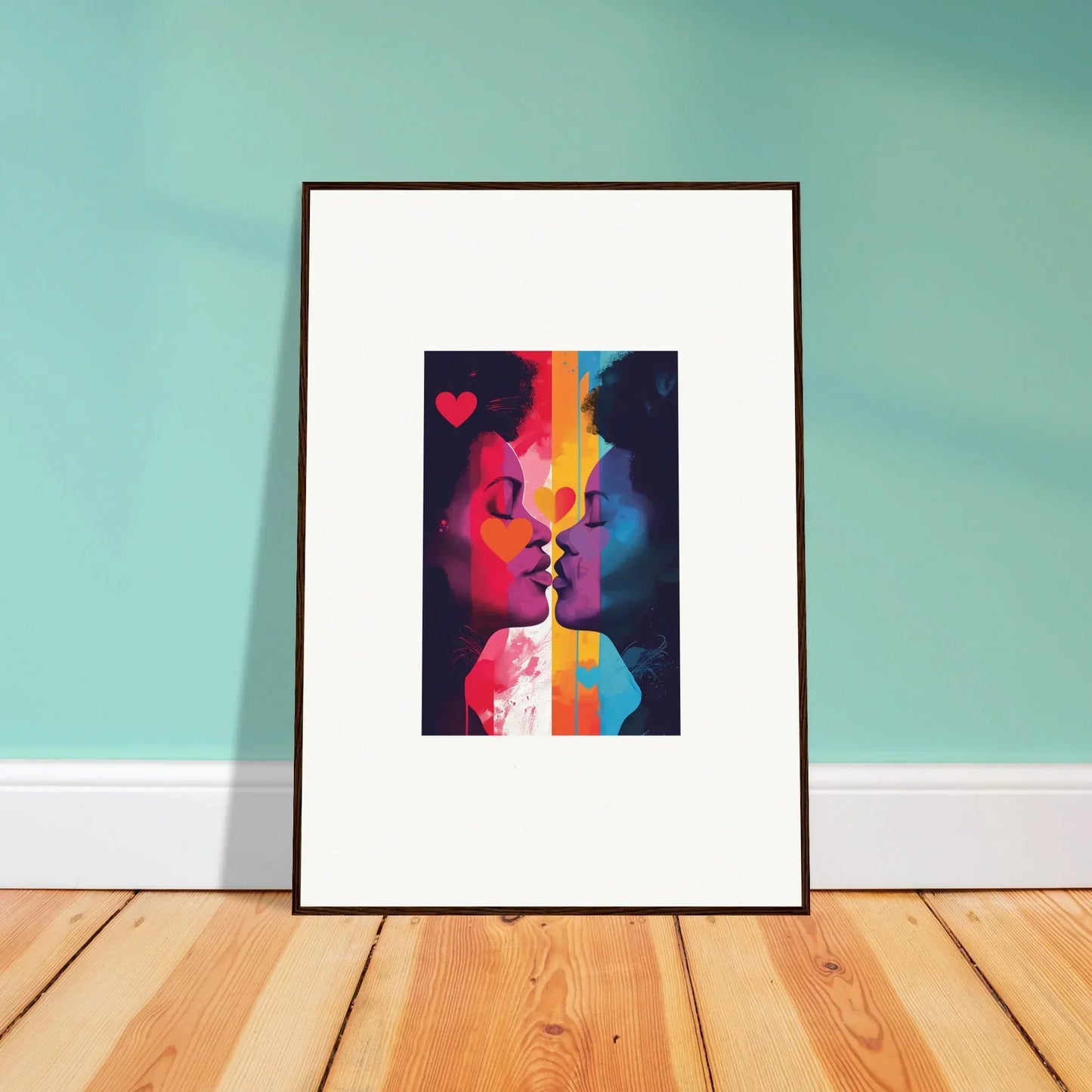 Vibrant framed canvas print of abstract faces about to kiss, perfect for room decoration