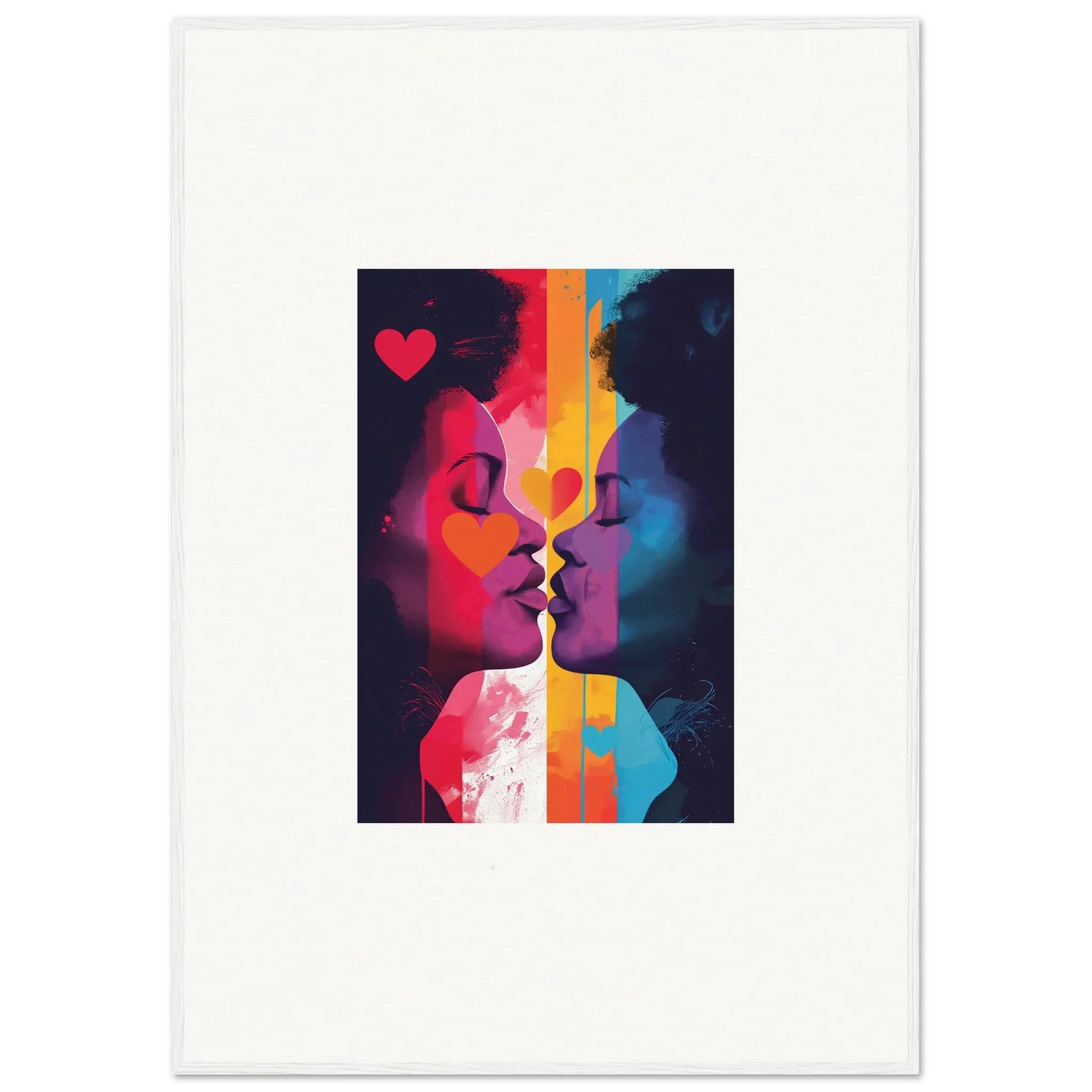 Colorful abstract canvas print of two silhouetted faces in realms embrace, perfect for room decoration