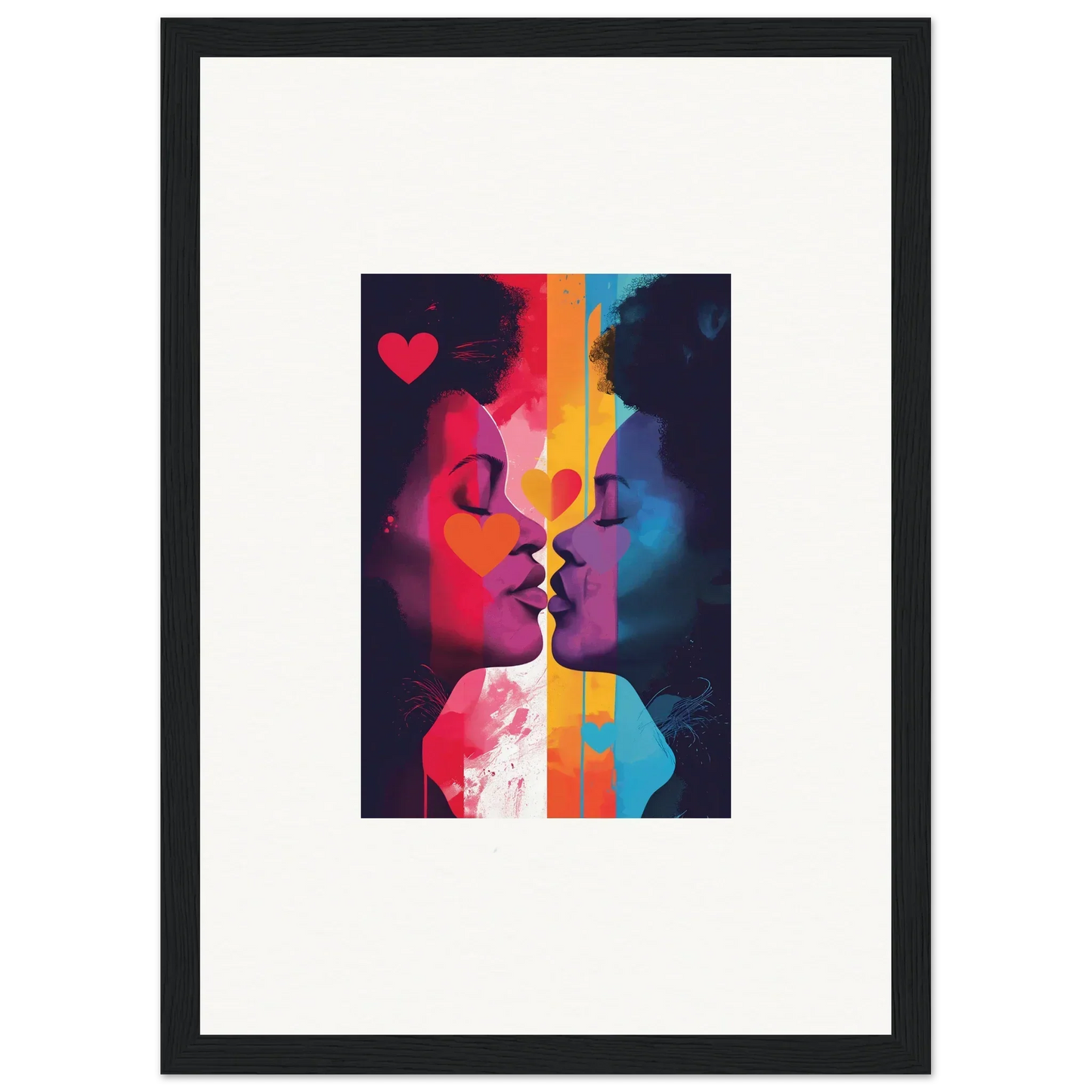 Colorful abstract canvas print of silhouetted faces in realms embrace for room decoration