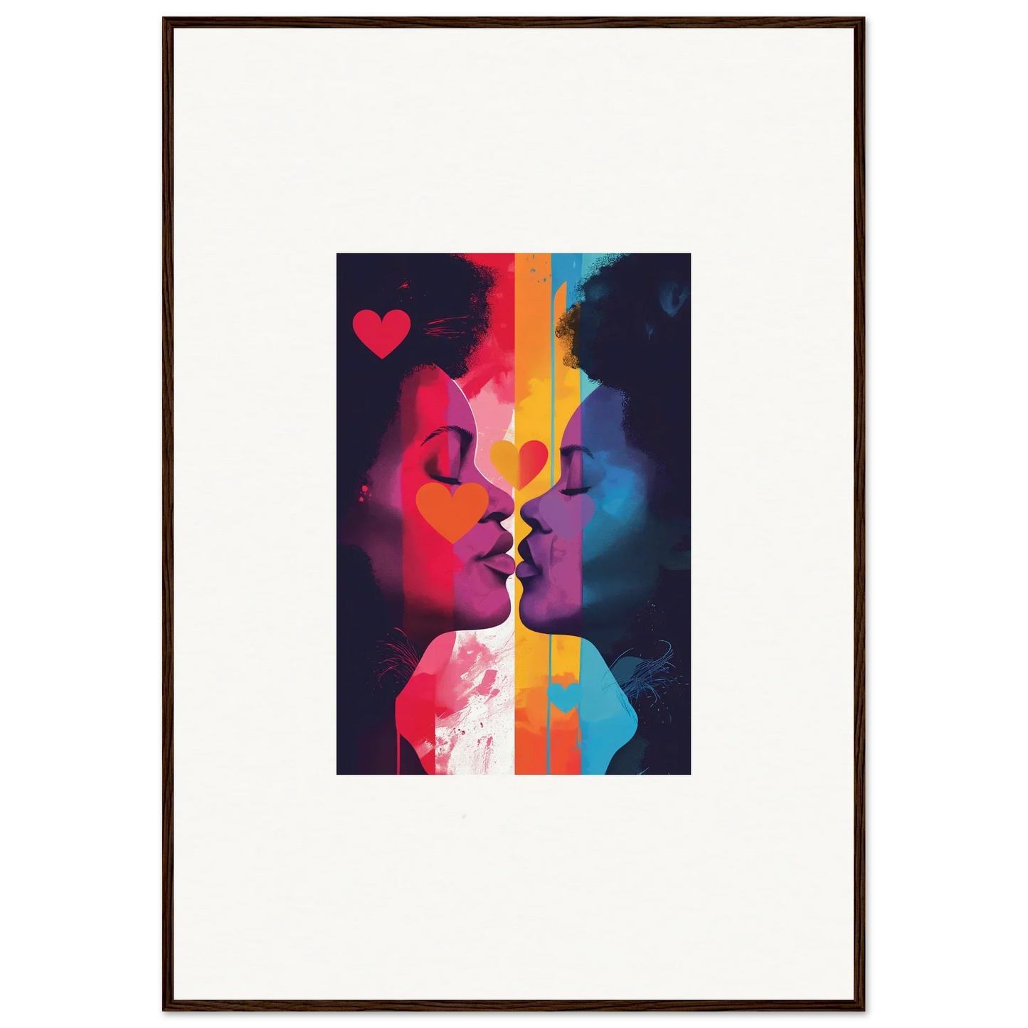Colorful abstract artwork of two silhouettes about to kiss, perfect for Room Decoration
