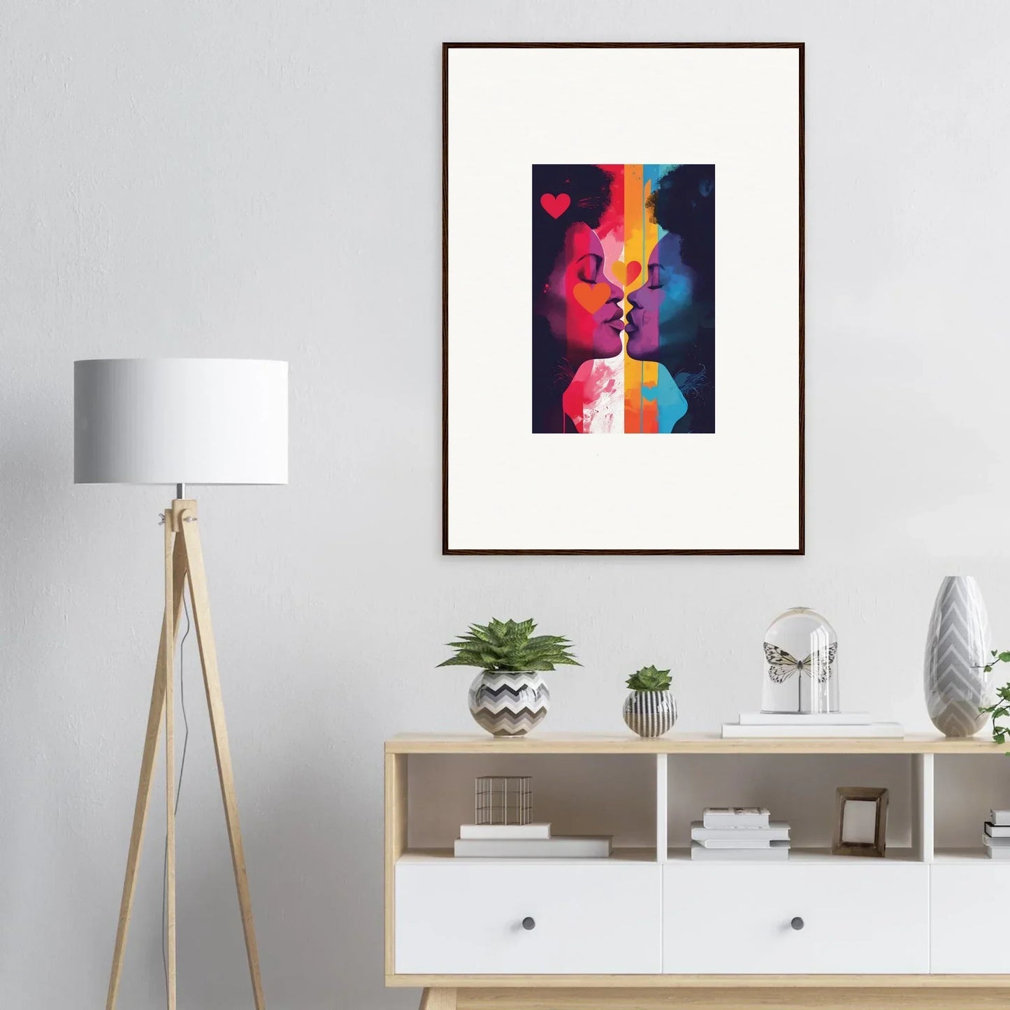 Framed canvas print of Colour Realms Embrace with vibrant colors and silhouettes for room decoration