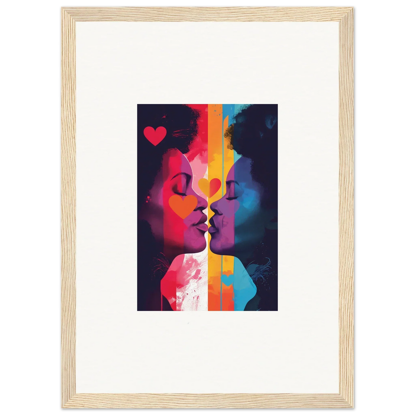 Framed abstract canvas print of colorful silhouettes in realms embrace for room decoration