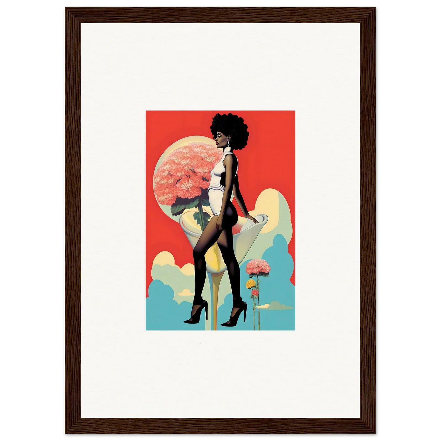 Stylized illustration of a Black woman in a bikini and heels, perfect for floral highs decor