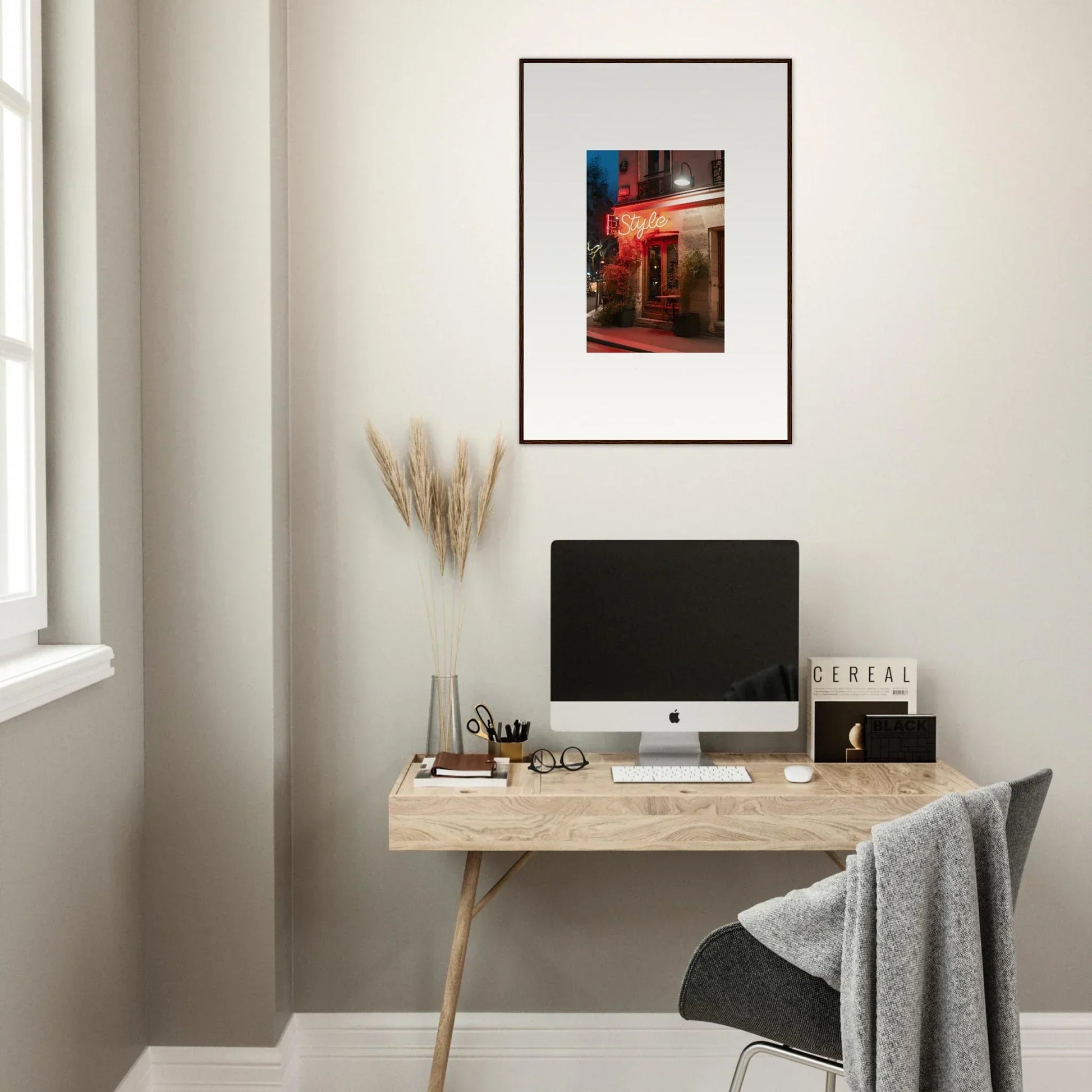Minimalist wooden desk with a monitor, perfect for room decoration and pavement glow vibes