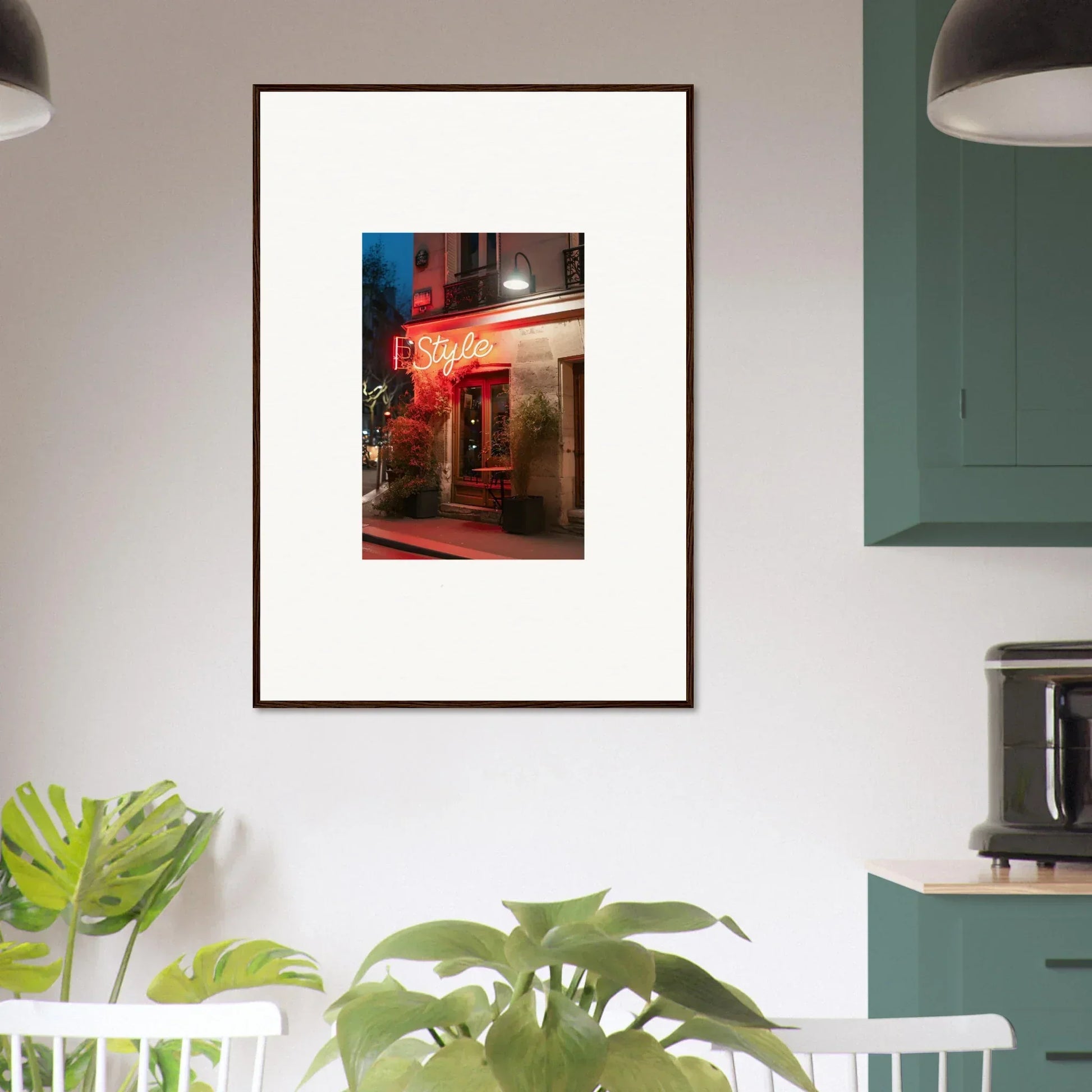 Framed canvas print of a neon-lit storefront showcasing vibrant pavement glow for room decoration
