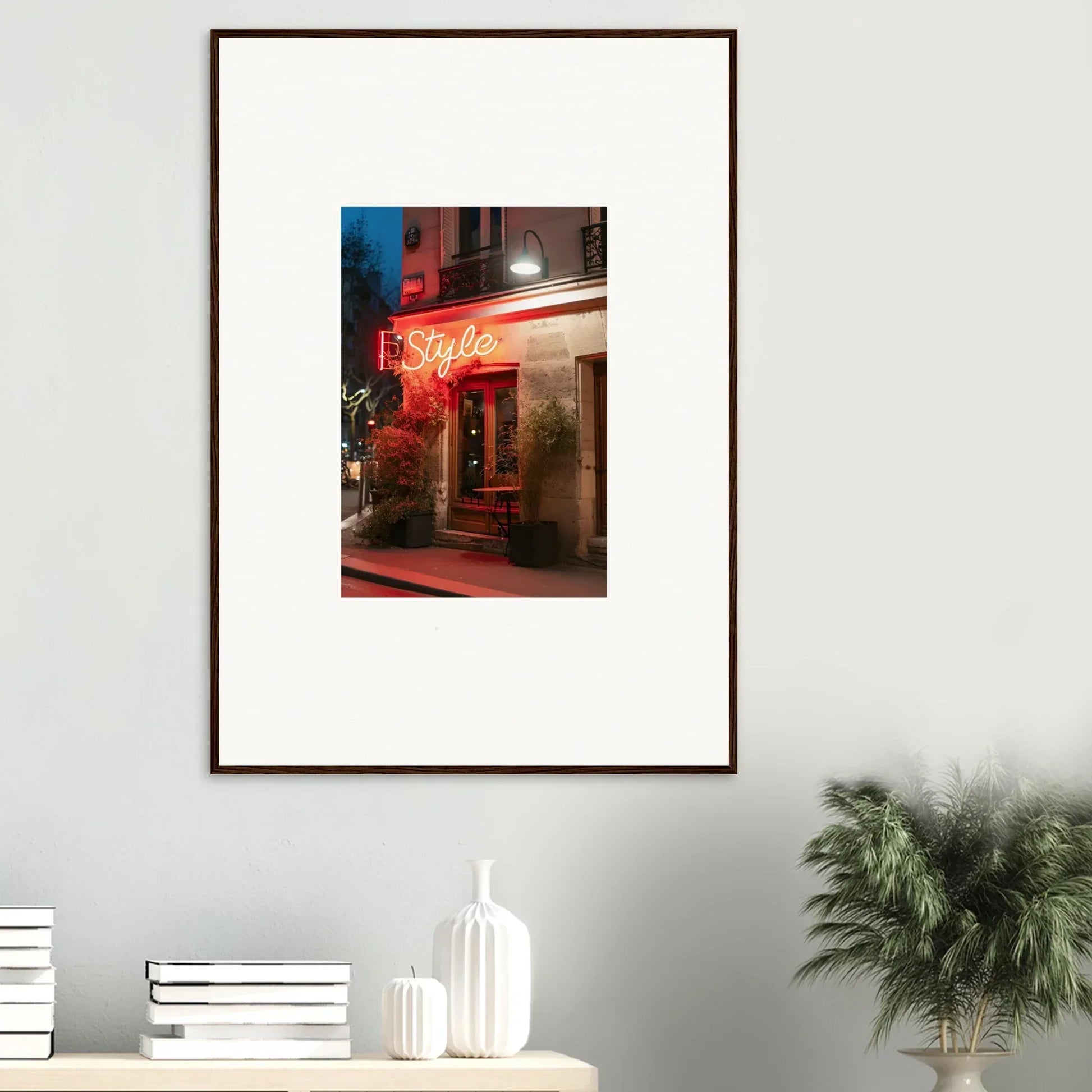 Framed canvas print of a cozy restaurant with neon sign, perfect for room decoration