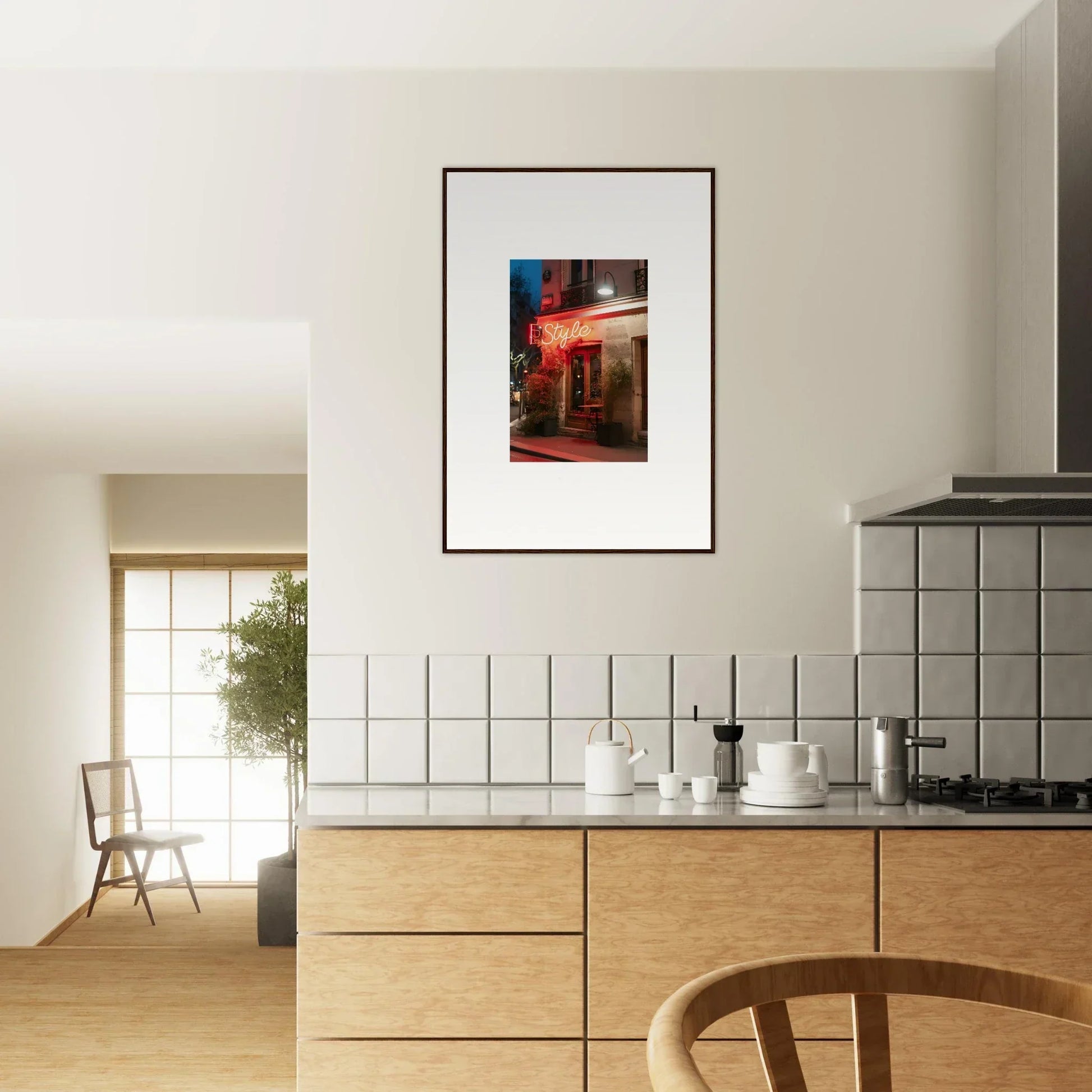 Framed photograph of a nighttime street with red lighting for stylish room decoration