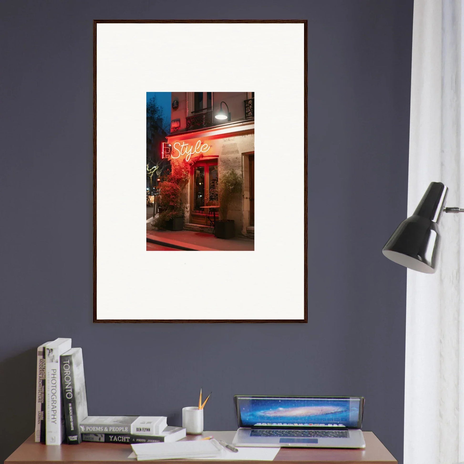 Framed canvas print of a restaurant with red neon signage and pavement glow vibe