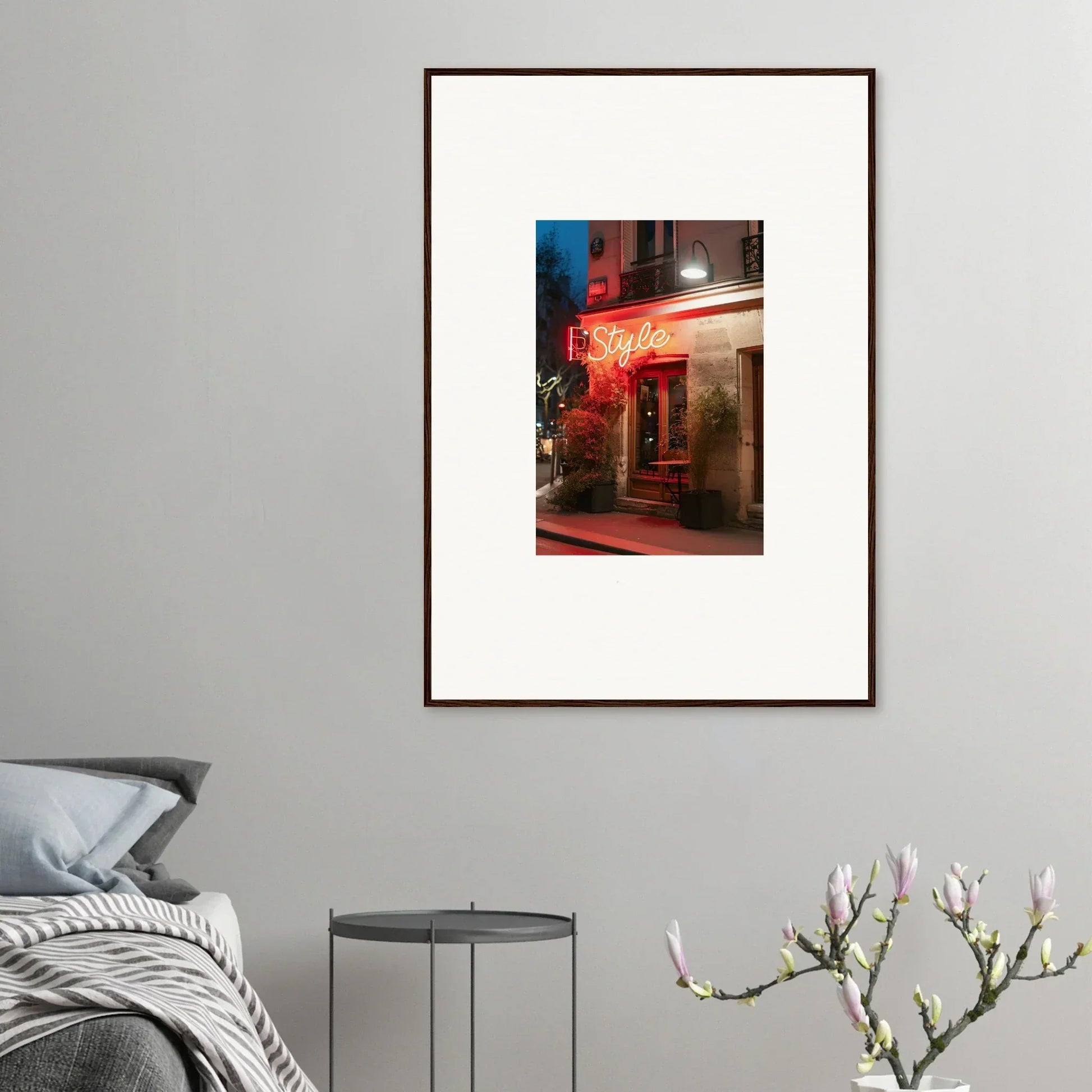 Framed canvas print of neon-lit storefront for cool room decoration with pavement glow