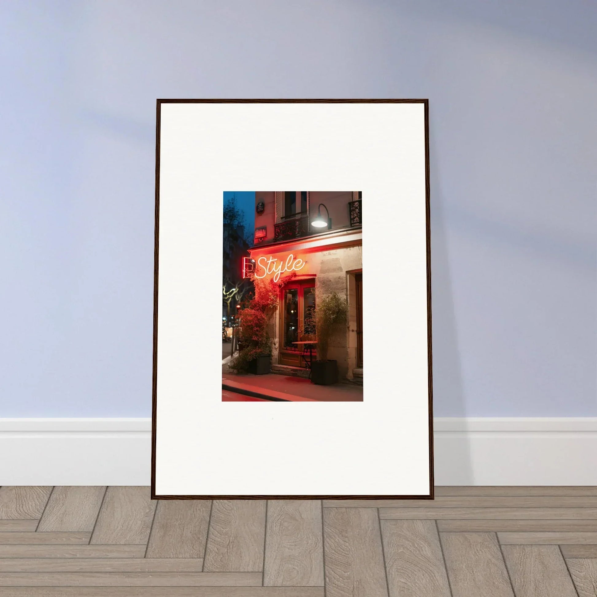 Framed canvas print of a restaurant storefront with neon lights for vibrant room decoration